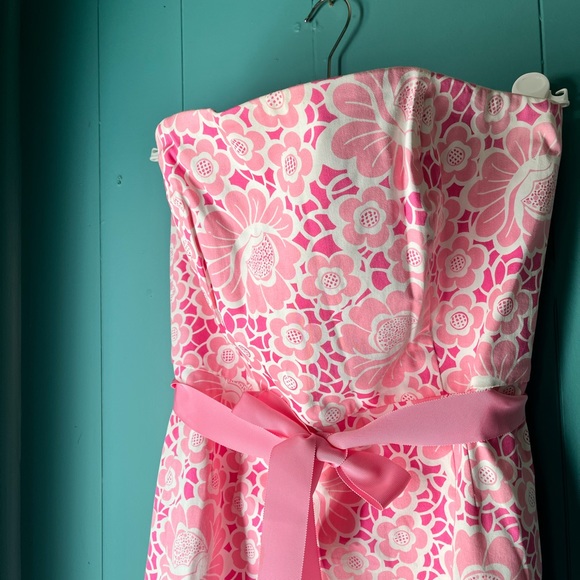 Vintage Lilly Pulitzer pink floral strapless dress sz 12 - Picture 2 of 5